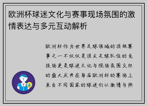 欧洲杯球迷文化与赛事现场氛围的激情表达与多元互动解析